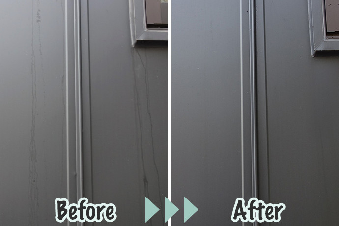 ゼロキューブ(ZERO-CUBE)のガルバリム鋼板の外壁のお手入れビフォーアフターの写真